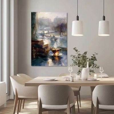 Steaming Cup of Tea & Books by Window with Snowy Cityscape Outside Canvas Wall Art - Gallery Wrap Canvas with Solid Wood Inner Frame, Ready to Hang