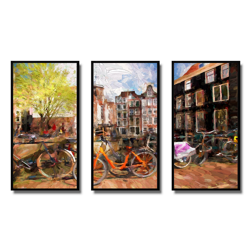 Amsterdam City Artwork - Ensemble de 3 toiles encadrées, Cadre noir, H 20 po x l 36 po
