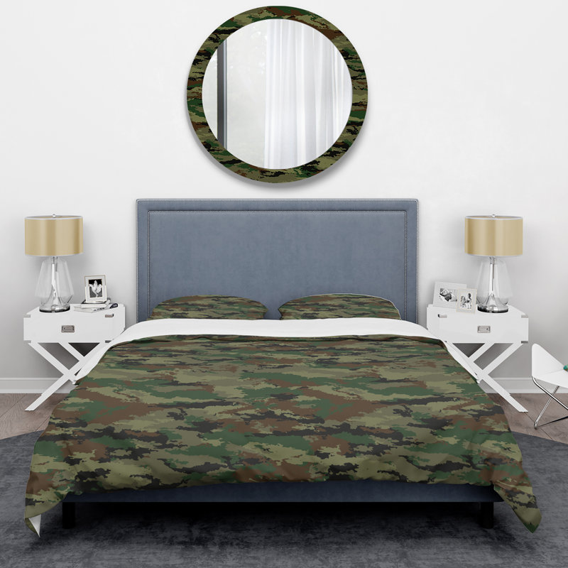 Camouflage Military Green Polyester Camouflage Duvet Cover, Queen Duvet Cover + 2 Standard Shams
