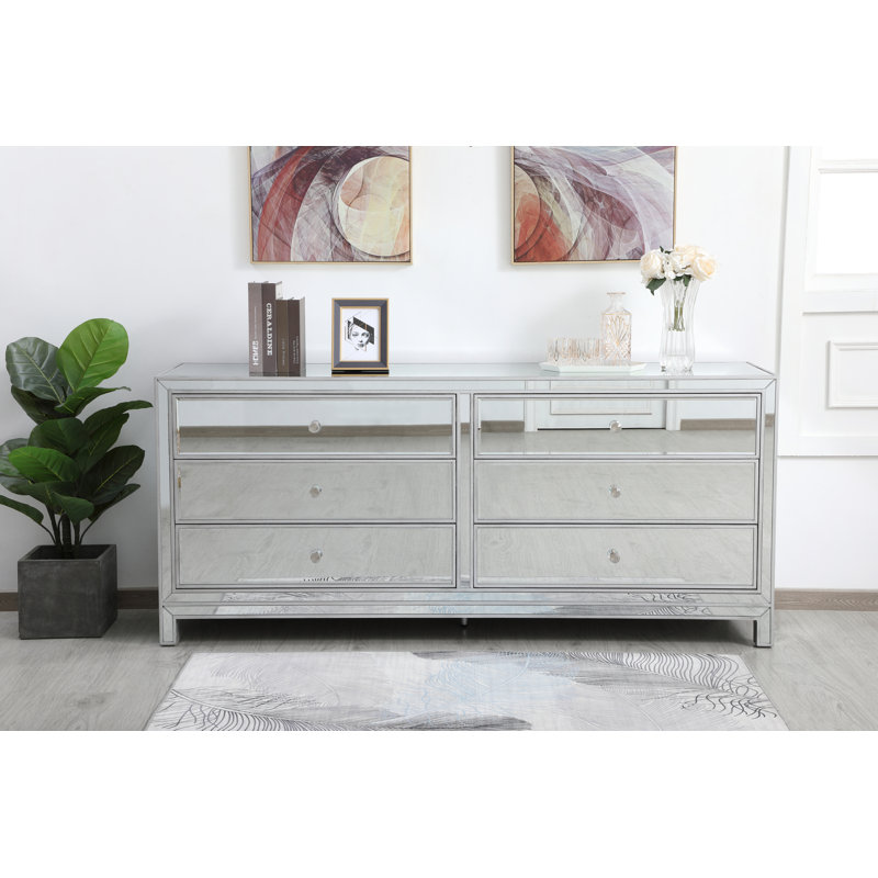 Commode double 6 tiroirs Rotella Mirrored, Argent