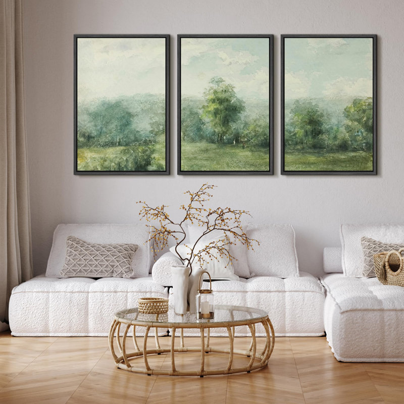 Forest Landscape " Misty Forest Panorama Gentle Greens And Blues Illustration Modern Decor Relax Calm Chic " 3 - Pieces, Noir