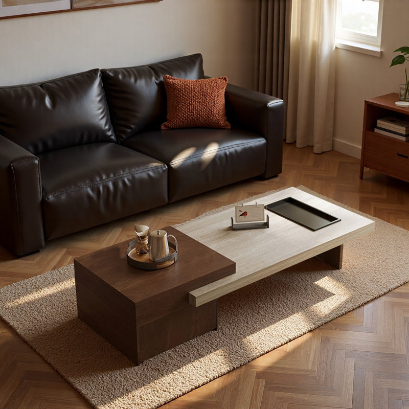 Table basse rétro rétractable Rockboard, H 16,5 po x L 55,1 po x l 27,6 po, Noir / brun / beige