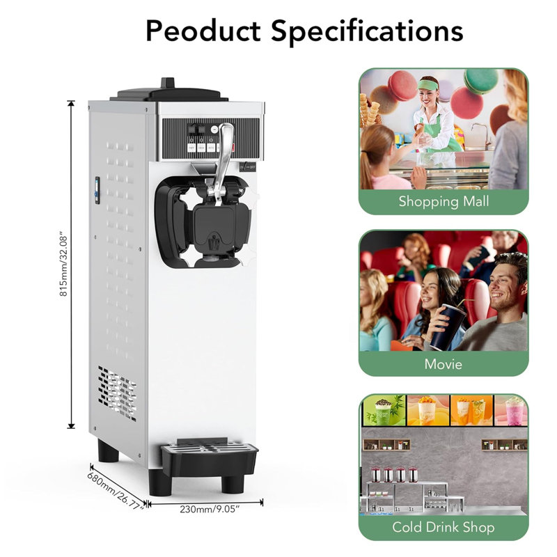 Machine à crème glacée commerciale de 1200 W, 4,7 à 5,8 gallons par heure avec machine à crème glacée à saveur simple avec trémie de 7 L et cylindre de 1,8 L, machine à yogourt glacé Auto-Clean pour restaurants