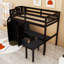 Lit mezzanine à deux tiroirs avec bureau intégré, tablettes de rangement et garde-robe-564818011-564818009