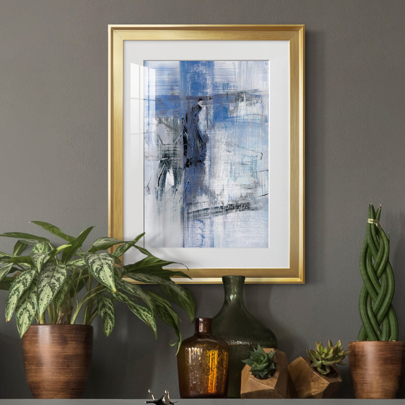 Reflets en indigo - Tableau encadré en verre, grand format, idéal pour le salon, H 18,5 po x l 24,5 po x P 1,5 po, Or