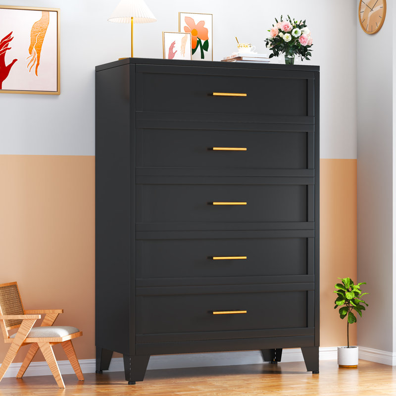 5-Drawer Metal Bedroom Dresser Closet Drawers Chest For Collection And Stoarge, Black