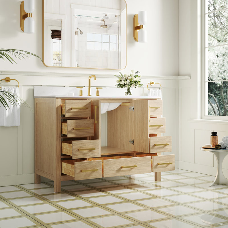 Freestanding 48" W x 35" H Solid Wood Bathroom Vanity With Carrara White Cultured Marble Countertop And Ceramic Single Sink,Oak