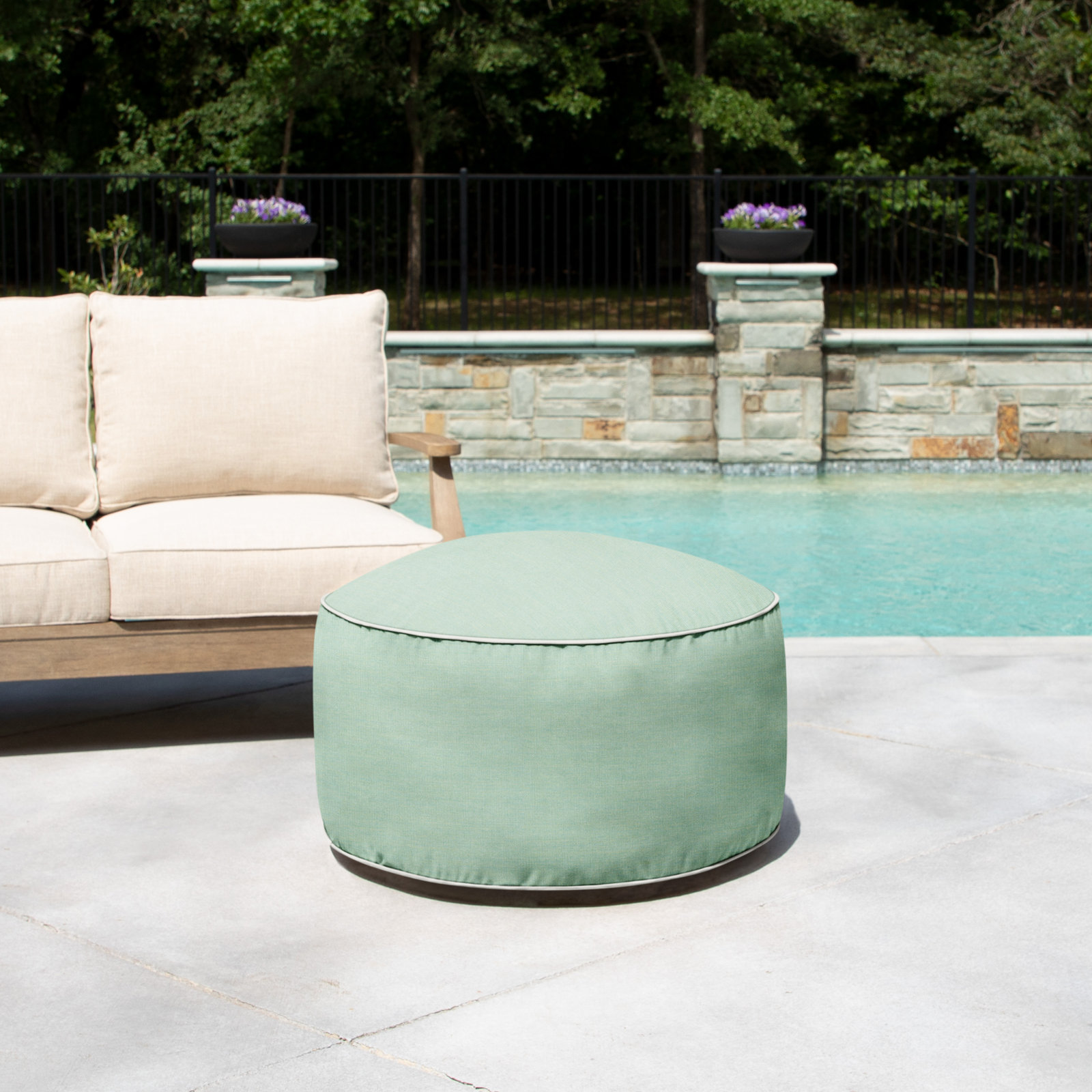 Demi Round Upholstered Outdoor Ottoman with Sunbrella® Cushion, Canvas Spa Sunbrella® Canvas