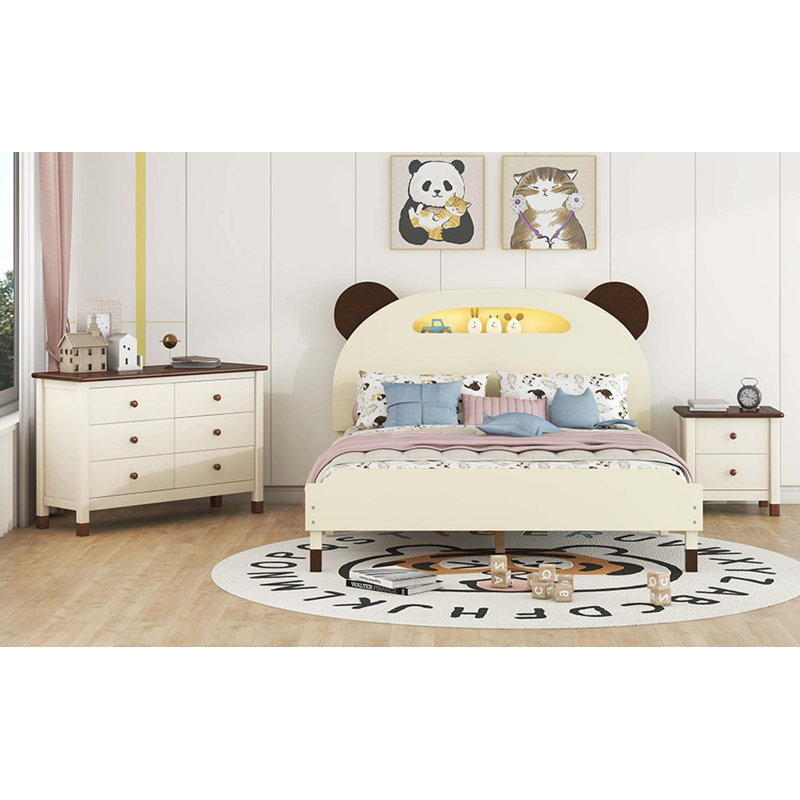 Ensemble de chambre à coucher 3 pièces avec lit plateforme double en forme d'ours avec table de chevet et commode, crème et noyer