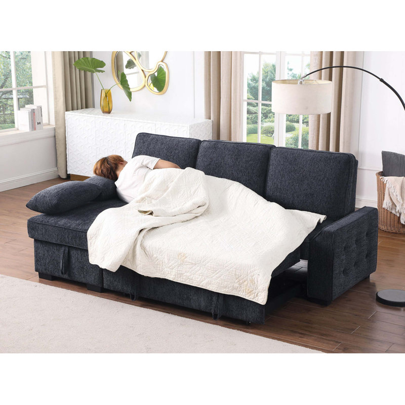 91"W Chenille Fabric Reversible Sleeper Sectional With Storage Chaise, Drop-Down Table, Cup Holders And Charging Ports