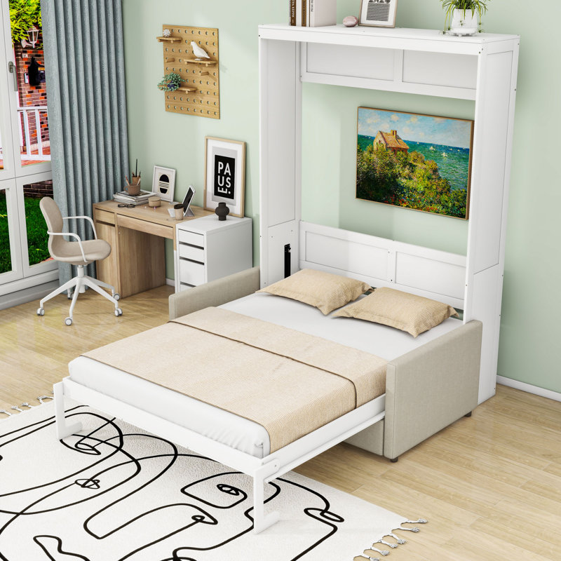 Lit escamotable en bois avec coussin, Complète, Blanc