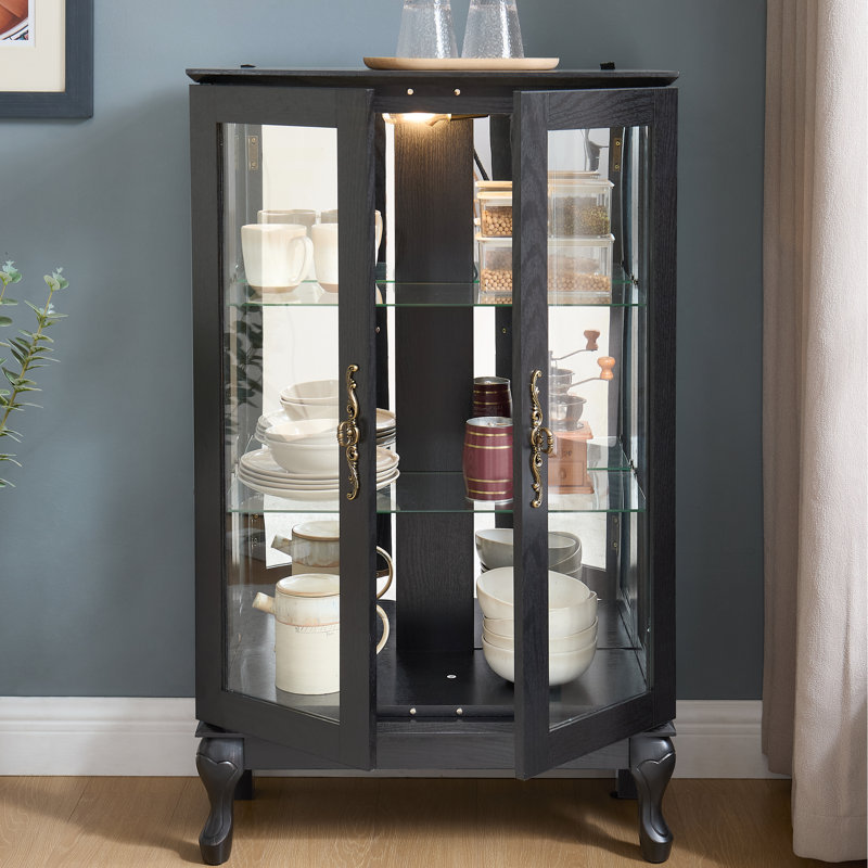 Black Display Cabinet With Tempered Glass, Lighted Feature, And Mirrored Back For Office Decor Elegant Curio Interior, Vintage Charm, Metal Handle Wines
