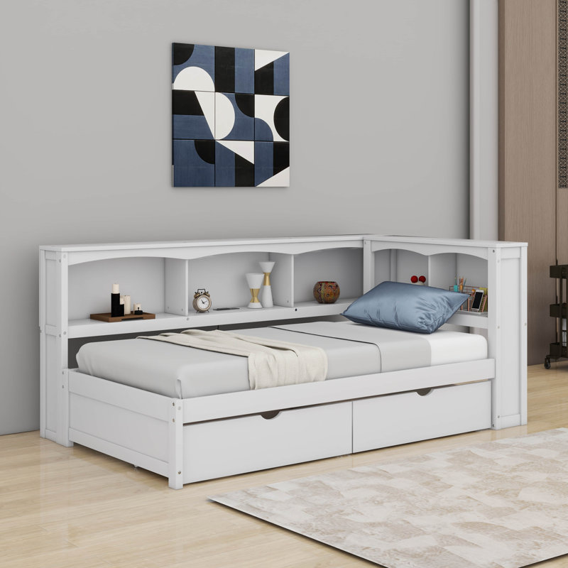 Lit de jour simple avec tiroirs de rangement et ports USB, Blanc
