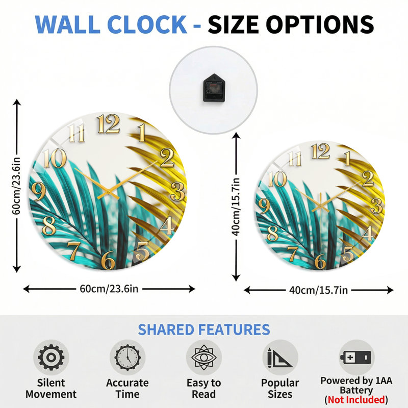 "Tropical Leaves", horloge murale en verre, 60x60cm(23.6x23.6inch)