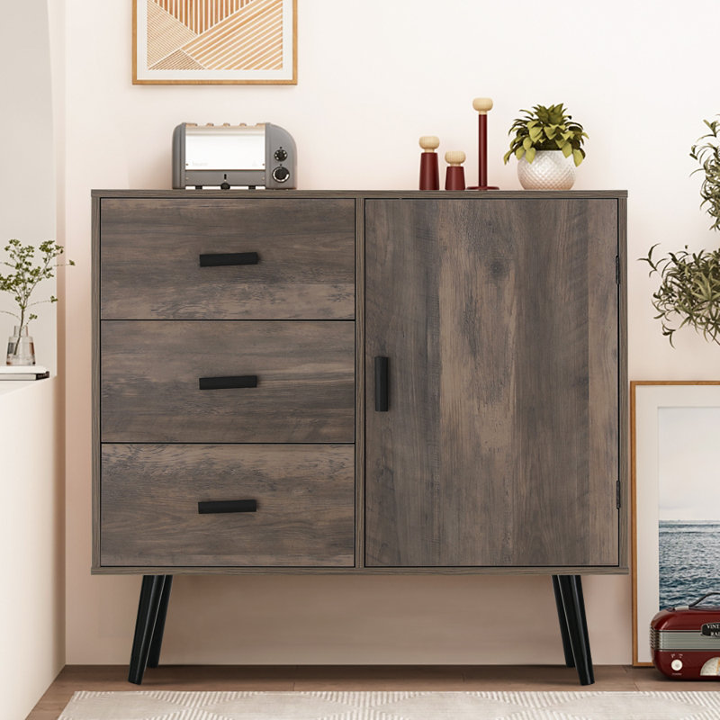 Armoire de rangement au sol avec porte et 3 tiroirs, Chêne rustique