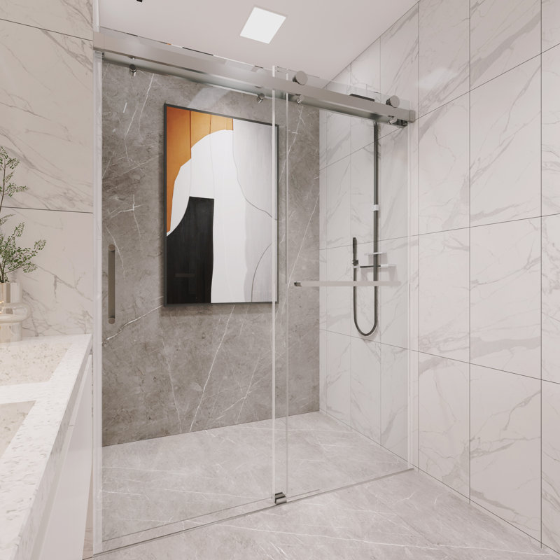 Porte de douche coulissante double sans cadre avec verre facile à nettoyer de 55 à 59 po x H 76 po Oceanus, Nickel brossé