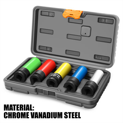 5-Pieces 1/2-Inch Drive Wheel Protector Impact Deep Socket Set - 15mm 17mm 19mm 21mm 22mm, Cr-V