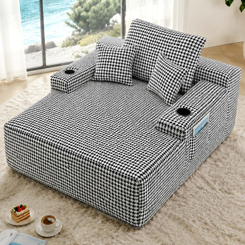 Méridienne convertible sans os avec accoudoirs larges et coussins décoratifs, Tissu noir