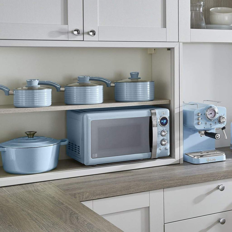 Swan Retro LED Digital Microwave with Glass Turntable, 5 Power levels & Defrost Setting, 20L, 800W, Blue