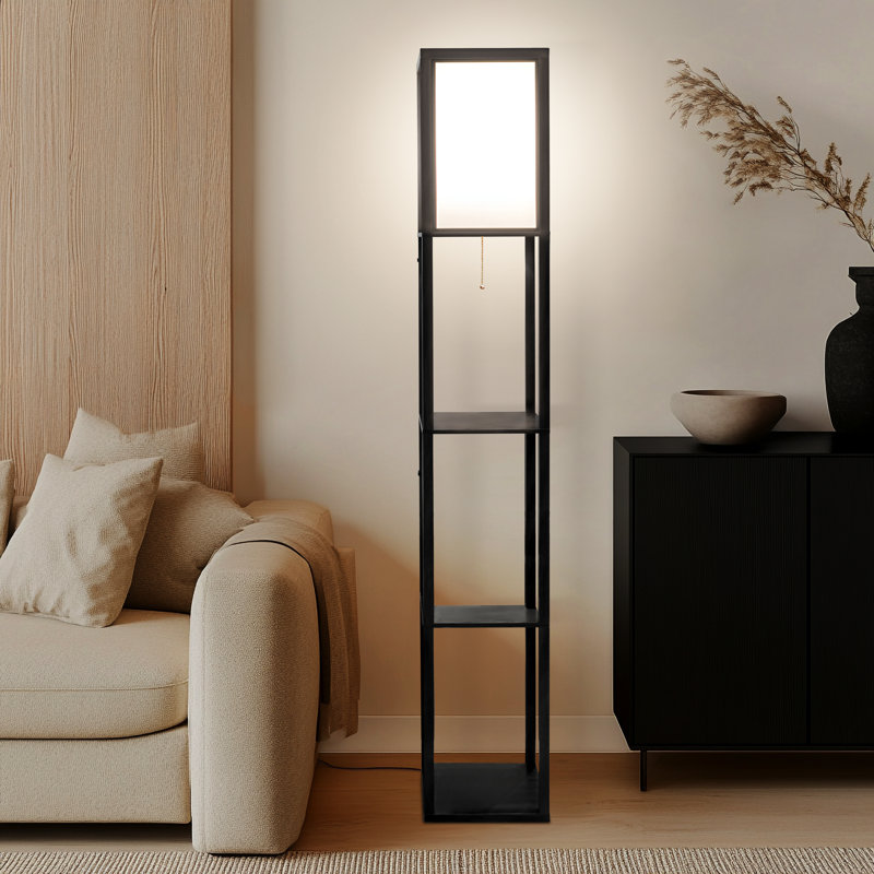 Maxwell 63 in. 3-Shelf USB-Charging LED Floor Lamp with Fabric Square Shade, Black, Black