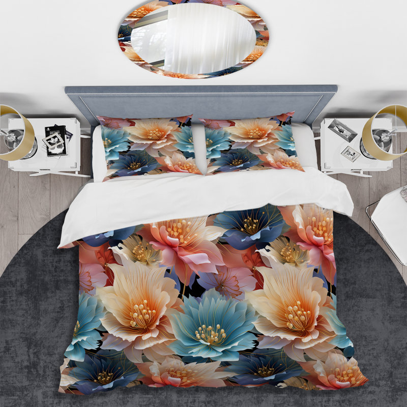 Bleu et beige métallique II - ensemble de housse de couette floral - microfibre de polyester
