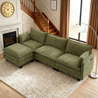 Masir 108.00 W Chenille L-Shaped Modular Sectional Sofa with 2 Throw Pillows,Charging Ports,Side Storage Pockets,Double-Layer Cushions,Movable Ottoman.