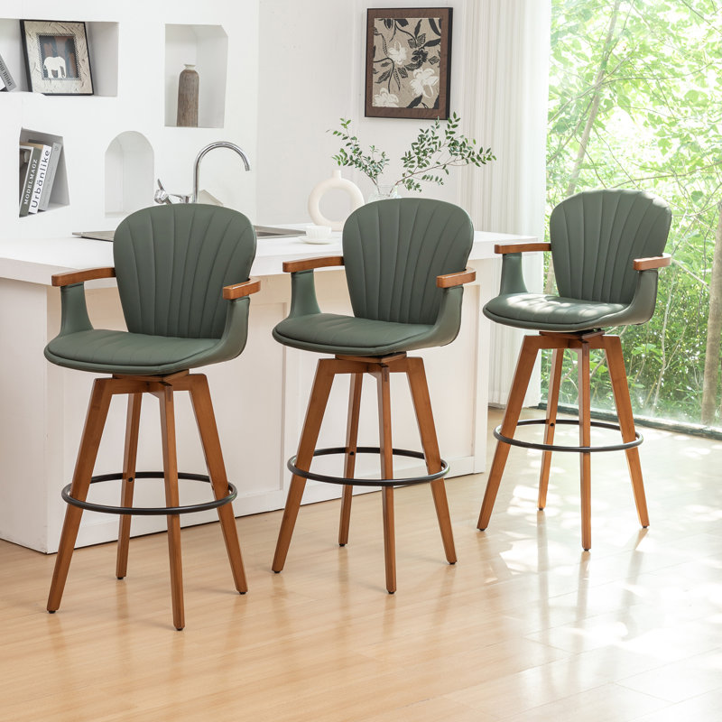 Karez 360° Swivel Bar Stools With Bamboo Legs (Set Of 3), Green, Bar Stool (30” Seat Height)