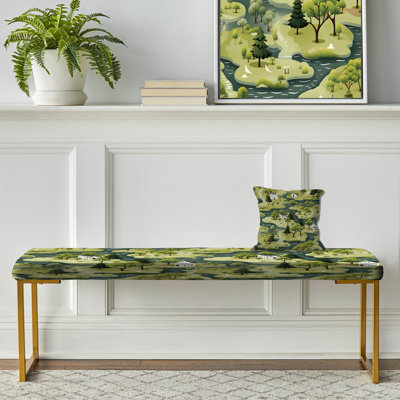 Green Zen Garden Country Home Sanctuary - Botanical Upholstered Gold Bench