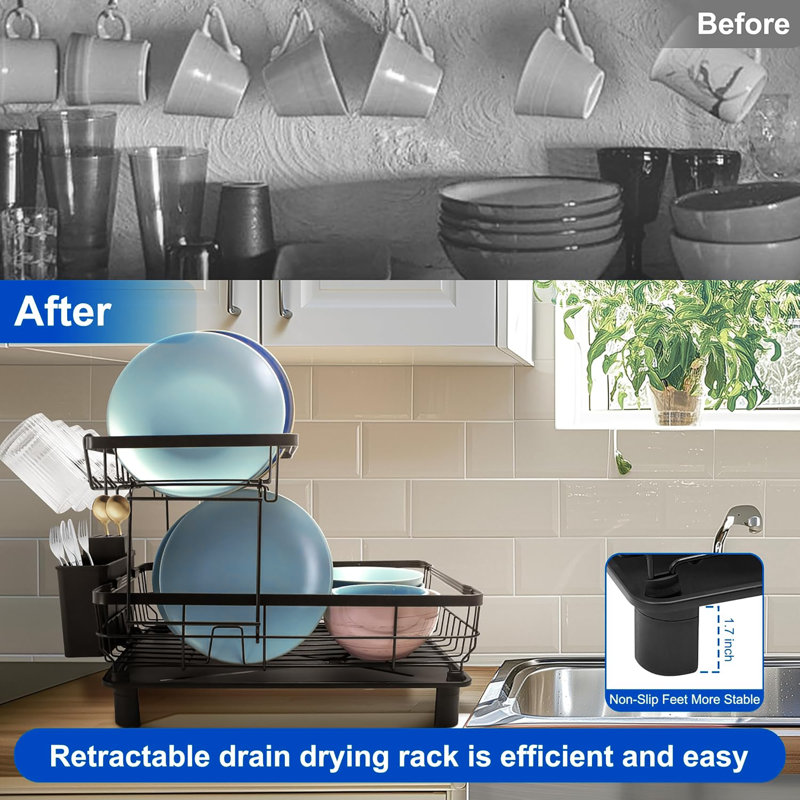 2 Tier Space Saving & Rustproof Kitchen Dish Drying Rack with Utensil Holder, Black