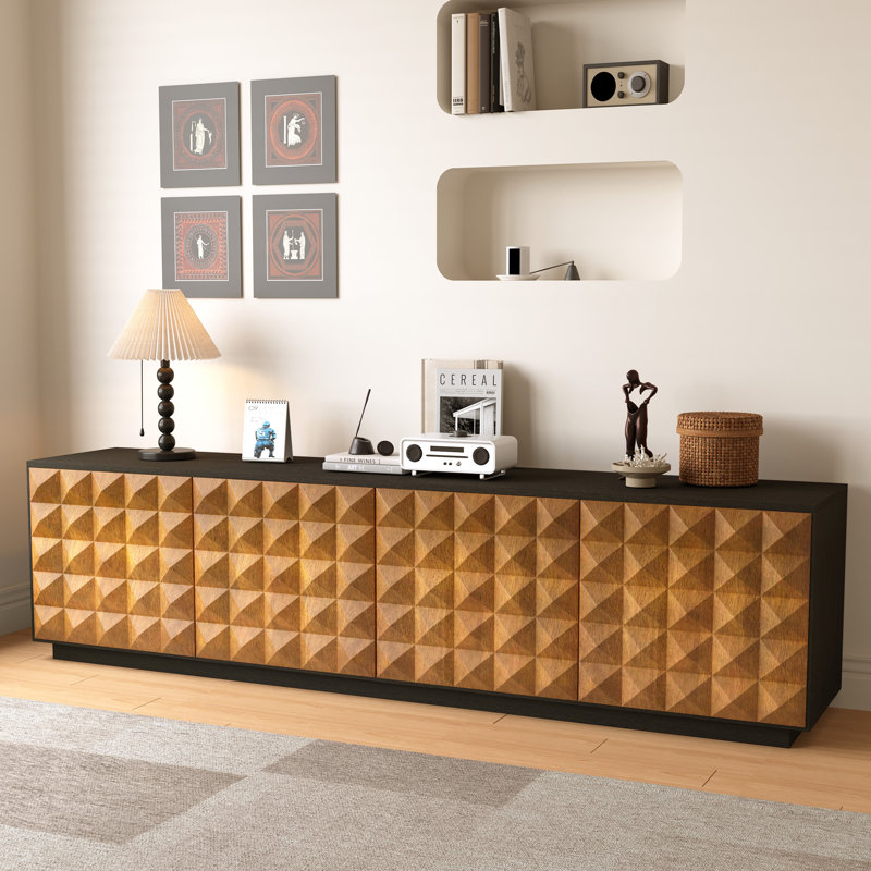 Meuble télé moderne en bois massif avec portes à pousser, tablette réglable à 3 niveaux et gestion des câbles pour téléviseurs de 100 po ou moins, console multimédia à finition noyer pour le salon