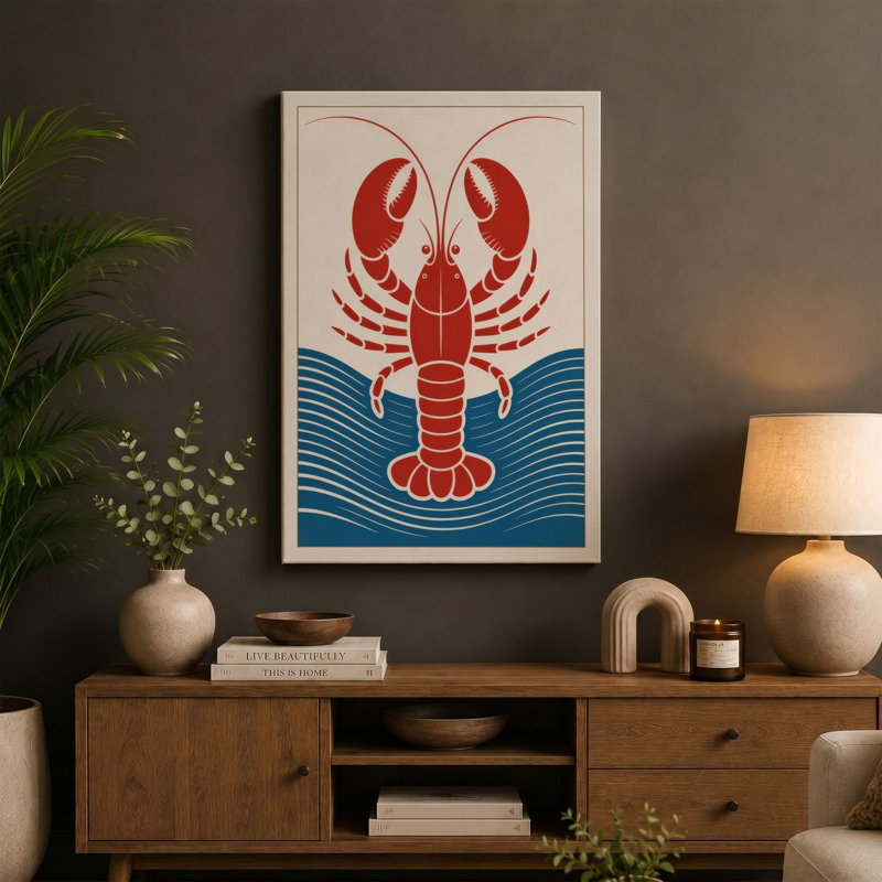 Lobster and Waves Retro - Wrapped Canvas, 36x24 - 91.4 x 61.0 cm, Sage Border