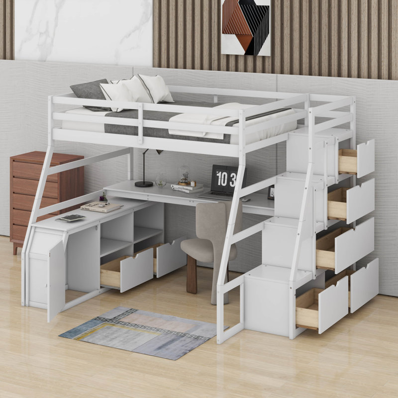 Lit mezzanine double avec tiroirs, Lit double, Blanc