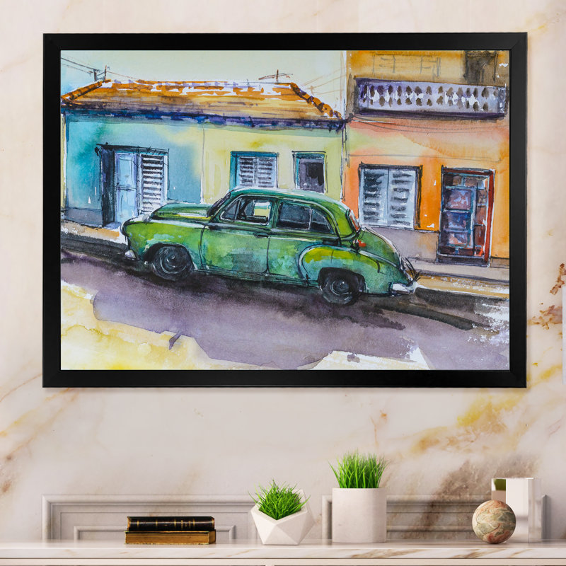 «Vintage Cuban Green Cars», reproduction de cadre photo sur toile, Cadre noir, H 8 po x l 12 po x P 1 po