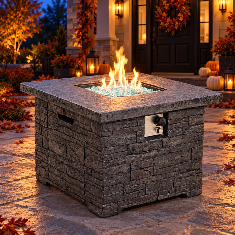 32-Inch Square Propane Fire Pit Table, 50,000 BTU CSA Certified MGO Gas Fire Table with 20 lb Tank Storage, Blue Fire Glass & Cover, Charcoal Gray
