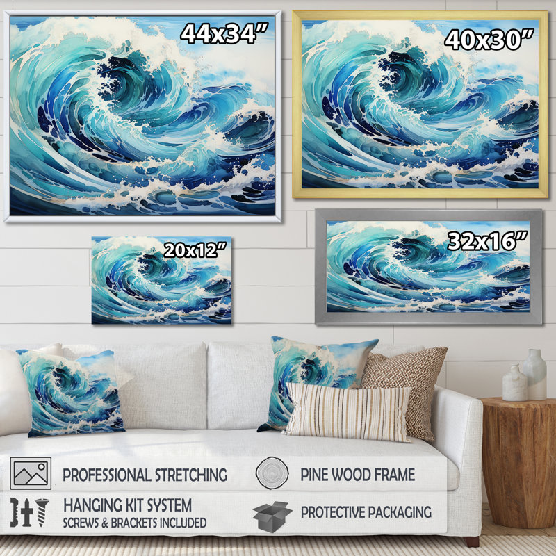 Blue Wave Ocean Storm - art mural océan, H 34 po x l 44 po x P 1,5 po, Cadre flottant doré