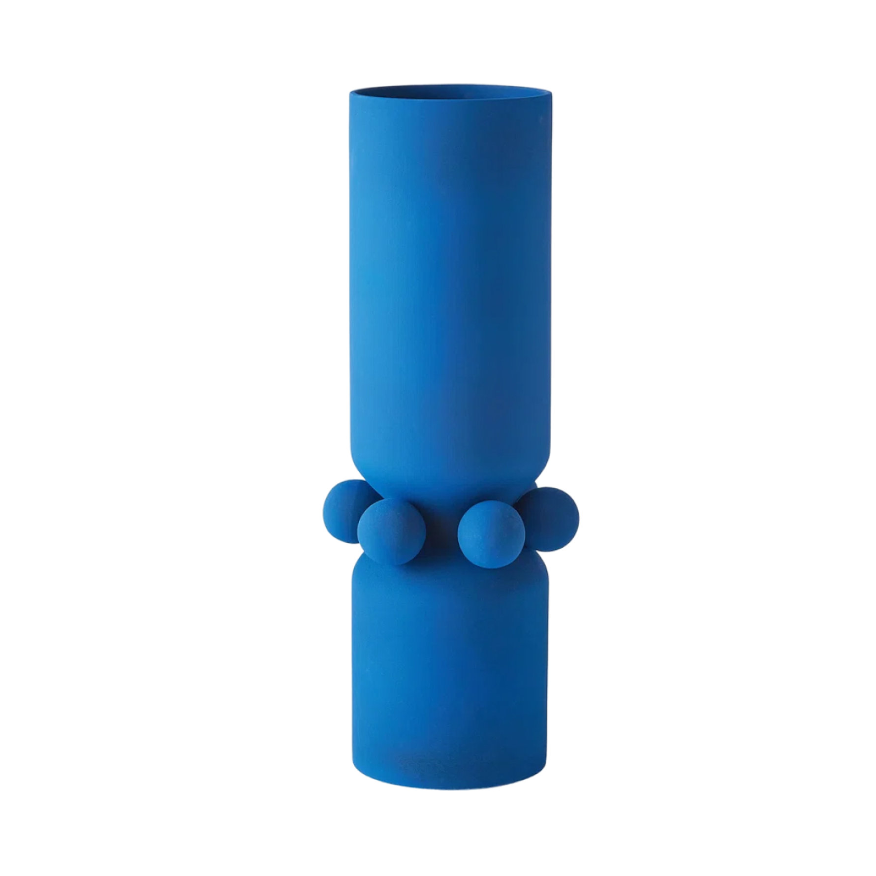 Modern cylinder vase in a vibrant matte blue finish featuring a decorative ring of spheres around the center.