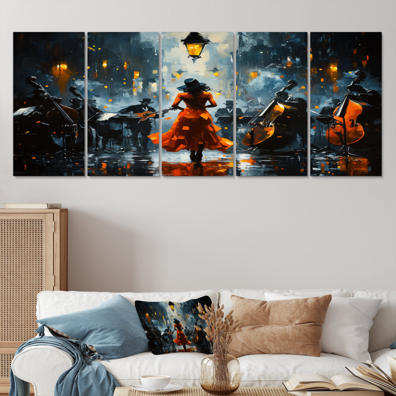 «Orange Jazz Music In Harlem City IV», ensemble d'art sur toile, H 28 po x l 60 po
