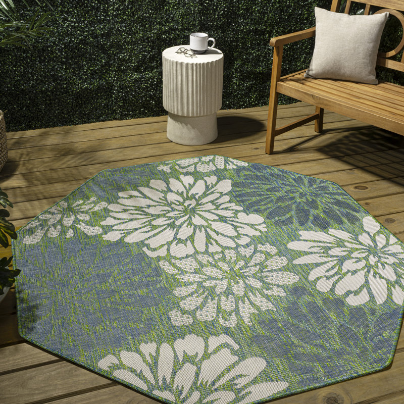 Zinnia Modern Floral Textured Weave Cream/Green Indoor/Outdoor Rug, Octagon 7'9"