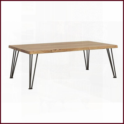 Table basse rustique en bois d'acacia avec pieds en épingle à cheveux noir mat