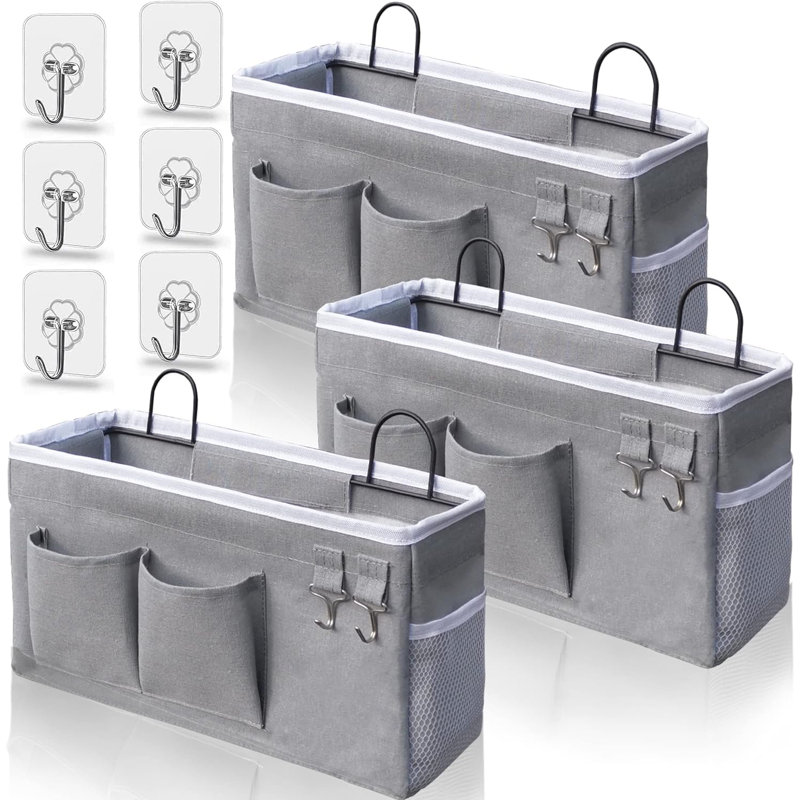 3pcs Large Wall Hanging Organizer Bag, Linen Fabric Door Hanging Storage Baskets with Pockets, Grey