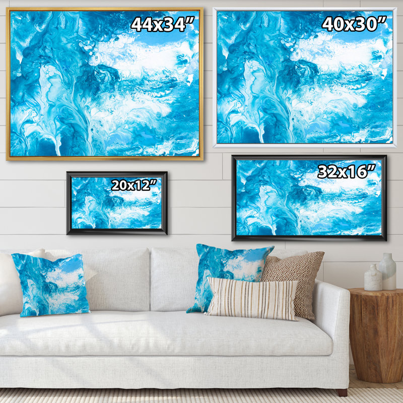 Art liquide en bleu clair et turquoise - Peinture sur toile, H 35 po x l 45 po x P 1,5 po, Cadre noir