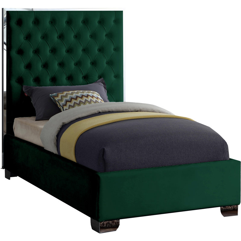 Spadaro Upholstered Platform Bed, Green Velvet, Silver, Twin