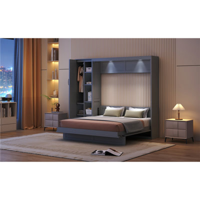 Grand lit escamotable avec tablettes, garde-robe et lumières DEL pour économiser de l'espace et être multifonctionnel
