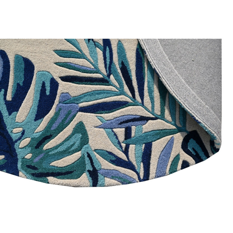 Tapis floral en laine touffeté à la main Amrjeet, Ivoire / Bleu, Rond 5 pi 6 po