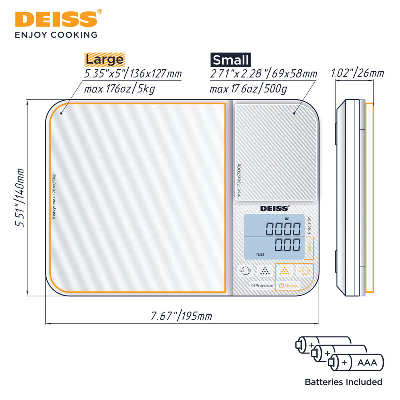 Balance de cuisine et alimentaire numérique à double plateforme Deiss Pro - balance numérique de précision d'une capacité de 11 lb et 17,6 oz
