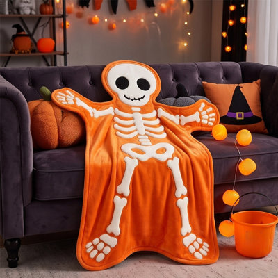 Couverture décorative d'Halloween en forme de squelette humain, en flanelle orange gaufrée, motif irrégulier, idéale pour canapé, lit ou fête d'Halloween à la maison.