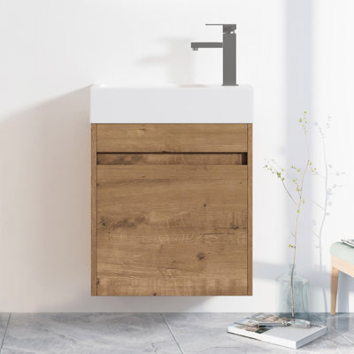 Meuble-lavabo flottant 18 po avec lavabo en résine et porte à fermeture en douceur, concepts modernes, grand rangement, lavabo mural imitation chêne 18 po