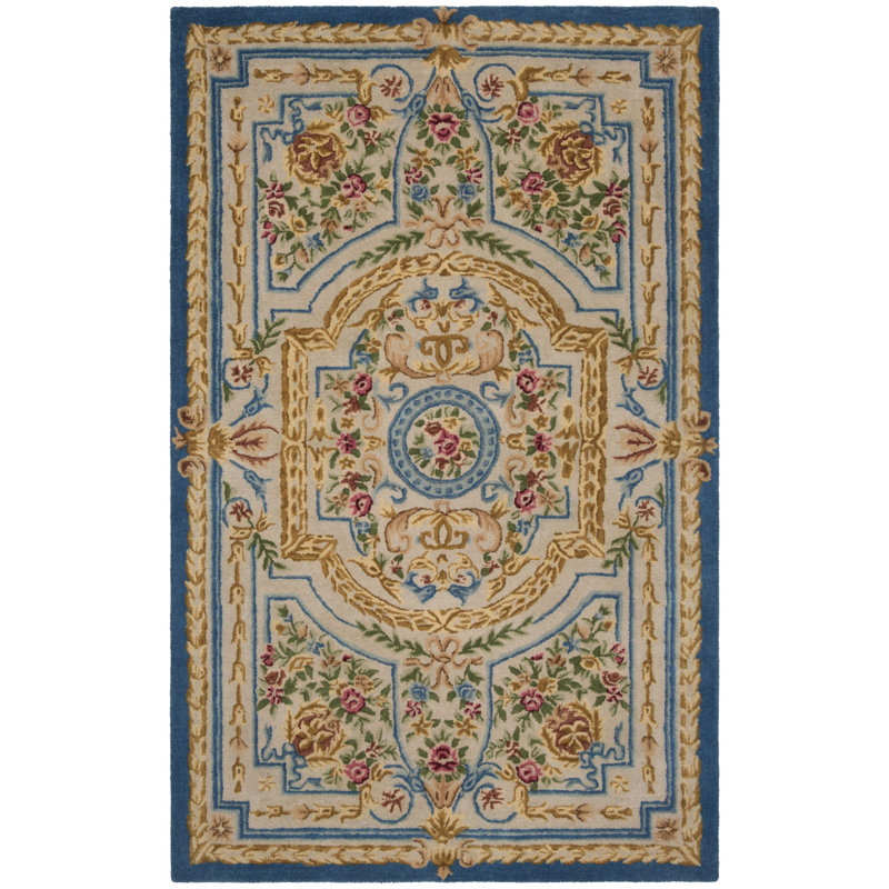 Tapis bleu / ivoire en laine touffeté à la main Priscila, Rectangle 9 pi x 12 pi