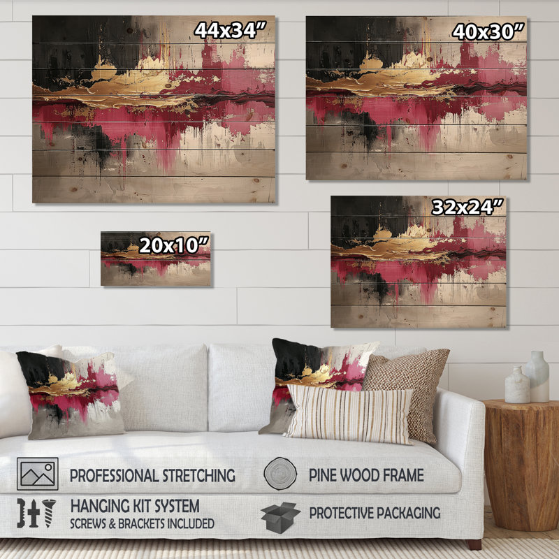 Expressionnisme de fusion rose foncé I - impression sur bois néo-expressionniste - sur bois de pin naturel