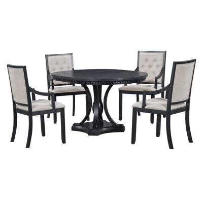 Retro 5-Piece Dining Set Extendable Round Table And 4 Chairs For Kitchen Dining Room
